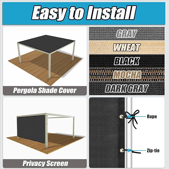 Amagenix 90% Pergola Shade Cover 9'X 14' Dark Gray Sun Shade Cloth with Grommets for Outdoor Garden Patio Porch-Commercial Grade 200 GSM-Cable Zip Ties Included (We Customized)