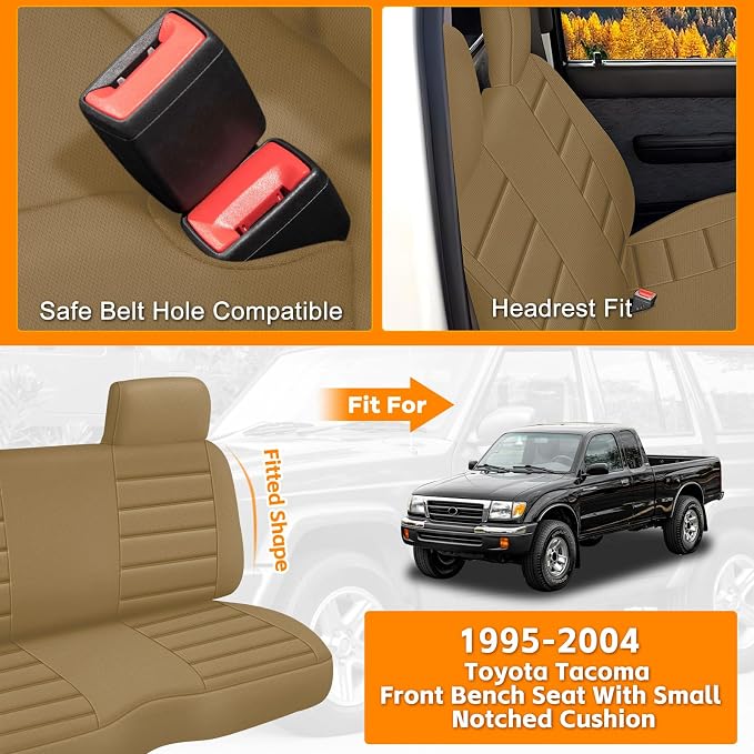 Truck Seat Cover Compatible with 1995-2004 Toyota Tacoma Front Bench Seat with Molded Headrest and Small Notched Cushion, Knitted Fabric, Tan