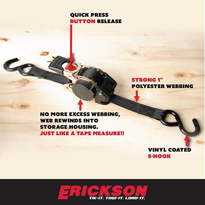 Erickson Pro Series 1in x 6ft Black Retractable Ratcheting Tie-Down Straps, 1500 lb Load Capacity, Pack of 2