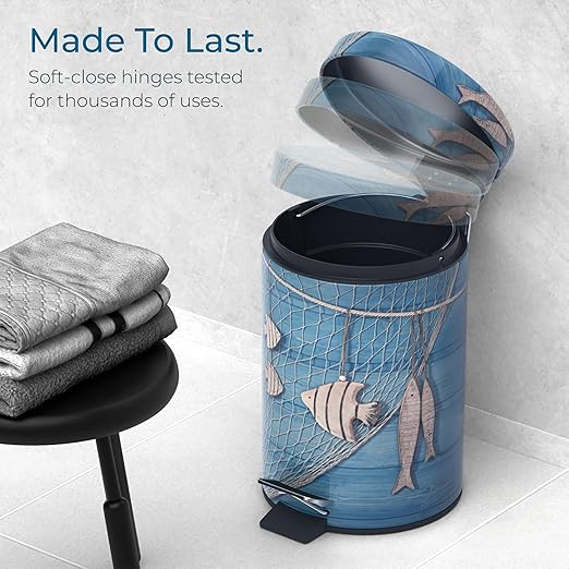 Sanilo Small Bathroom Trash Can with Lid [1.3 Gallon] - Lidded Tiny Trashcan for Garbage - Mini Metal Bin with Soft Closing Mechanism - Bath Room Accessoire Wastebin with Inner Bucket (Seafaring)