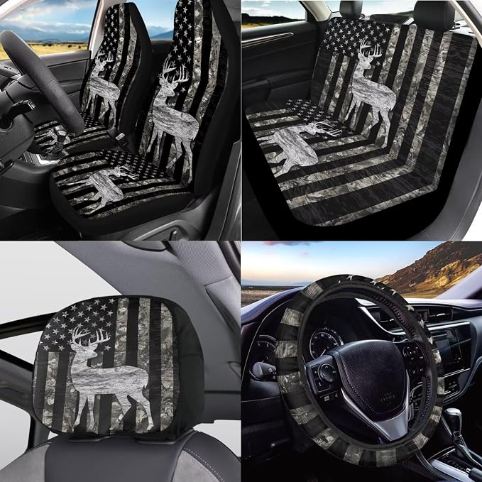 KEIAHUAN 11 Pcs Car Seat Covers Full Set for Men American Flag Deer Camo Hunting with Handbrake and Gear Shift Knob Cover,Headrest Cover, Coasters,Non-Slip Car Steering Wheel Cover,Coasters