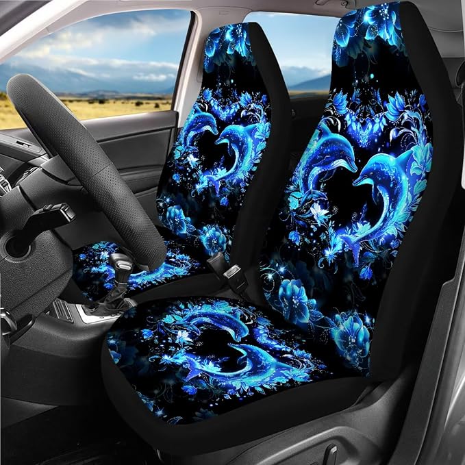 Neon Dolphin Car Seat Covers Full Sets of 18 Pack Blue Dolphin Car Interior Accessories Set with Soft Car Seat Belt Pads Cover Car Headrest Covers Steering Wheel Car Covers Coasters Washable