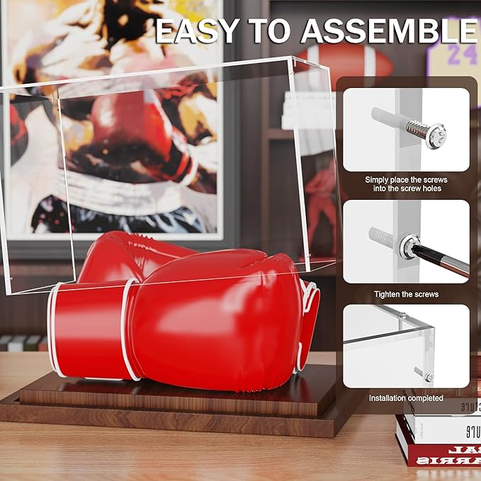 VGMiu Boxing Glove Display Case with Wood Base, Clear Acrylic Display Case Box for Boxing Glove, Baseball Mitt, Sports Collectibles, Memorabilia Displays, Gift for Boxing Fans