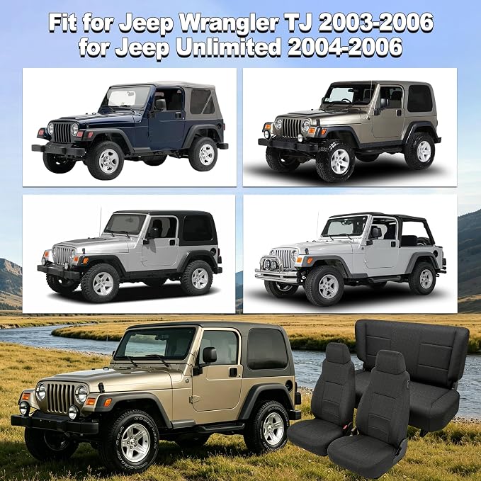 Custom Seat Covers for Jeep Wrangler TJ 2003-2006 & for Jeep Wrangler Unlimited 2004-2006 Heavy Duty Cloth Protector Interior Accessories，Waterproof & Machine Washable - Black（Full）