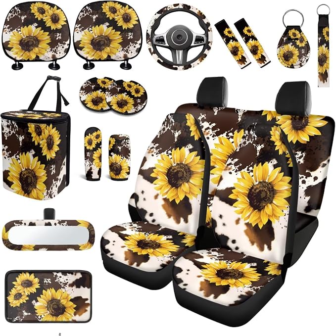 Sunflower Print Car Seat Covers Full Sets 18 Pcs Sunflower Cow Print Car Accessories Set with Steering Wheel Cover Auto Trash Can Car Headrest Covers Belt Pads Cover Armrest Pad,Universal Fit