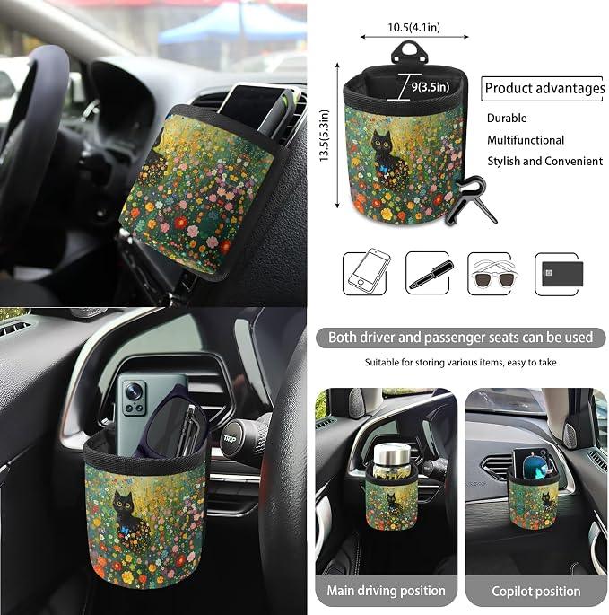 Cat Floral Butterfly Print Car Seat Cover Set Steering Wheel Covers Seat Belt Strap Cover Garbage Cans Air Vent Storage Holder Rear View Mirror Covers Coasters Key Chain, 15 Pack
