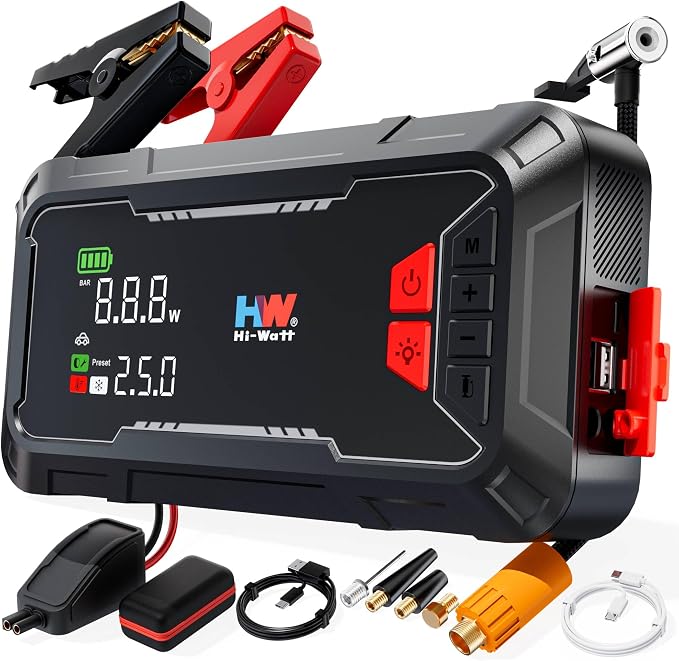 HW Car Battery Jump Starter with Air Compressor, 12V 2000A | 44.4Wh, 160PSI, 65W Fast Charging, Air Chucks and USB Cables