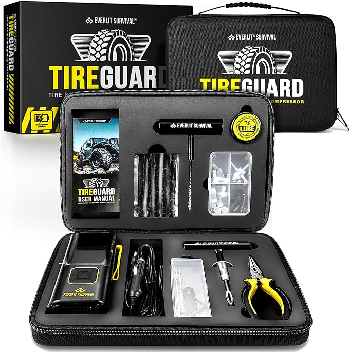 EVERLIT All-in-One Tire Repair Kit with Air Compressor – 150 PSI Portable Cordless Tire Inflator & Plug Kit – Flat Tire Emergency Roadside Kit for Car, SUV, Truck & Motorcycle Fast Repair & Inflation