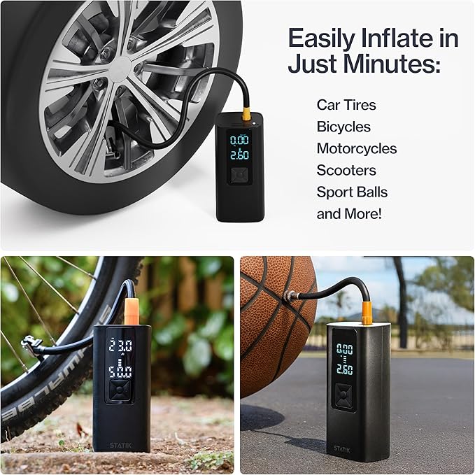 STATIK TireHero Car Tire Inflator Portable Air Compressor - 150 PSI, Electric Air Pump for balls, Bike Pump, Inflatables, Paddleboard, Air Mattress, Car Emergency Safety Kit w/Flashlight