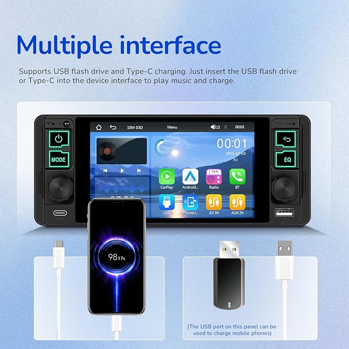 Single Din Radio Car Stereo with Wireless and Wired CarPlay & Android Auto 5.1" with Bluetooth 5.2 Car Audio Receiver AM&FM, EQ, TF, AUX＆USB, Fast Charging, AHD Backup Camera MIC