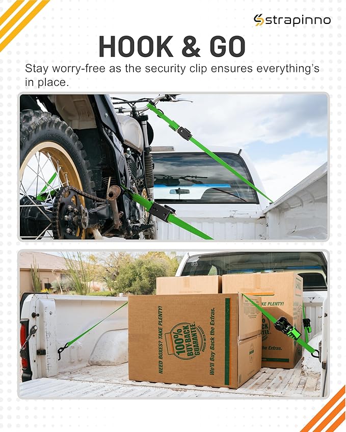 Strapinno Retractable Ratchet Straps - 1 in x 12 ft Heavy Duty Tie Downs, 1800lbs Breaking Strength Each, S Hooks with Safety Clip, AutoRetract, for Moving, Motorcycle, Boat, Kayak, and Cargo (4 PCS)