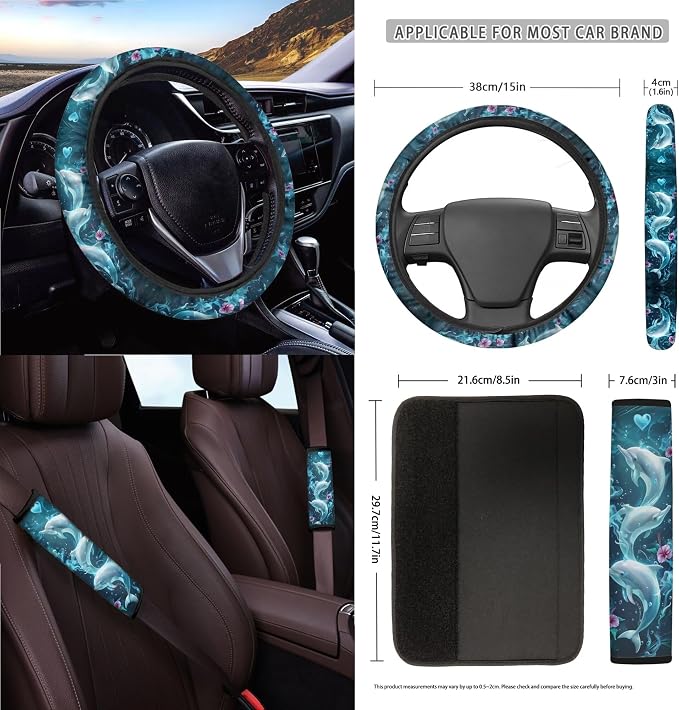 Dolphin Hibiscus Heart Print Car Seat Cover Full Set of 15 Steering Wheel Covers Seatbelt Strap Pad Trash Cans Air Vent Storage Bag Rearview Mirror Cover Cup Holder Keychain