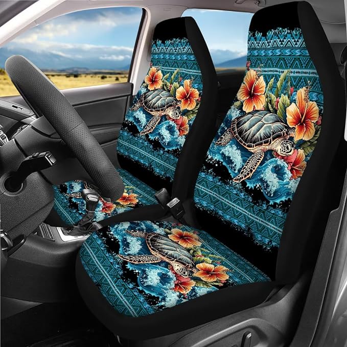 Navajo Sea Turtle Car Seat Covers Full Sets 18 Pieces Sea Turtle Car Interior Accessories Sets with Car Seat Belt Pads Cover Car Headrest Covers Steering Wheel Cover Vehicle Trash Bag