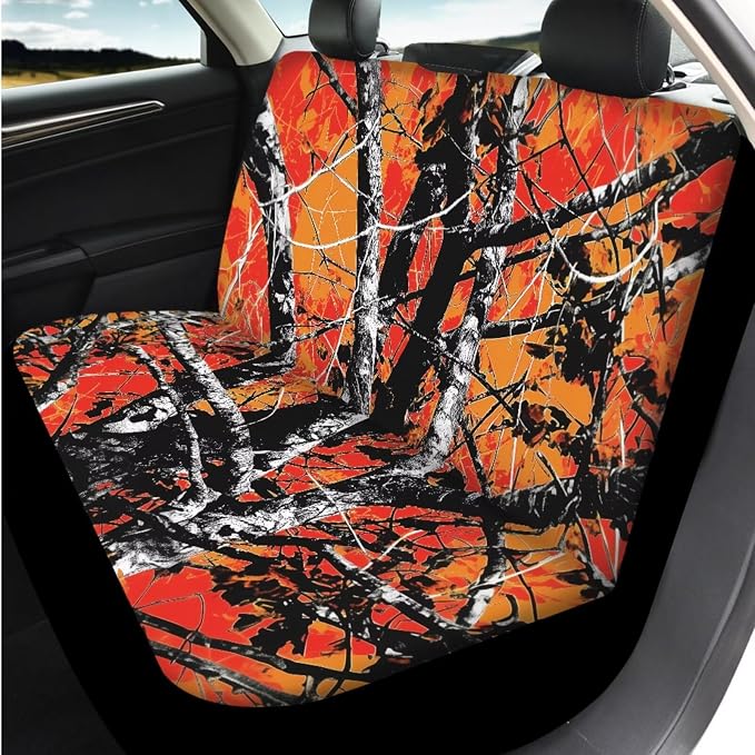 Bulopur Orange Hunting Camo Automotive Seat Covers Front and Backseat with Matching Steering Wheel Cover Auto Center Console Cover Car Seatbelt Pads Headrest Covers 14 Piece Vehicle Interior Set