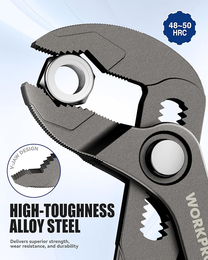 WORKPRO Mini Water Pump Pliers, 4-Inch Groove Joint Pliers, Fast Adjustable Tongue and Groove Plier with 15-Position Push-Lock, V-Jaw for Multi-Surface Grip, EDC Plier for Tight Spaces & Versatile Use