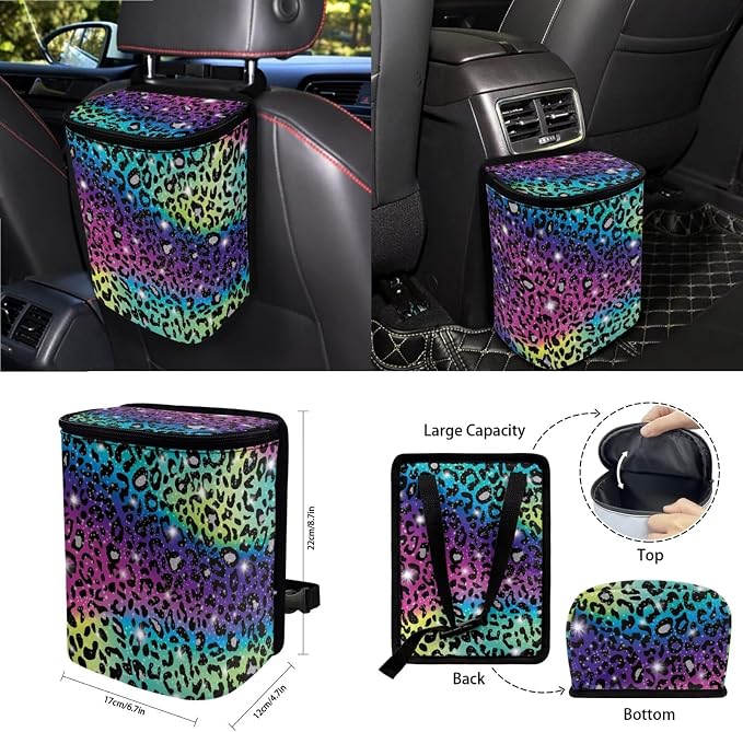 Leopard Galaxy Pattern Bucket Seat and Rear Split Bench Cover Steering Wheel Cover Car Trash Bin Seat Belt Pad Keychain Coasters Air Outlet Bag 15pcs Car Accessories