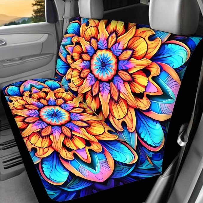Mandala Lotus Car Seat Covers Full Set 18 Pcs Universal Car Interior Accessories Full Sets Hobo Mandala Flower Steering Wheel Cover Car Seat Belt Pads Cover Car Headrest Covers Keychain
