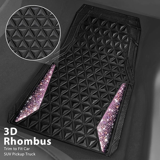CAR PASS Bling Rubber Car Mats Diamond Floor Mats Full Set Anti-Slip 3D Rhombus Waterproof Universal Trim to Fit Liner Glitter Crystal Sparkly Shining Rhinestone Girl Women SUV Sedan Van, Black Pink