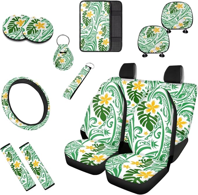 13 Set Tropical Plumeria Car Seat Cover, Hawaii Frangipane Flower Seat Belt Cover Cup Holder Keyring, Tribal Ethnic Spiral Steering Wheel Cover Universal for Most Cars