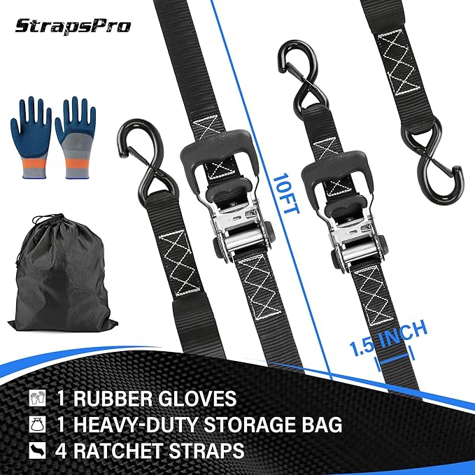 Ratchet Straps, 1.5'' x 16FT - 4400lb Break Strength Tie Down Strap Ratchet Heavy Duty, 4 Pack Cargo Straps Ratcheting with Integrated Soft Loops Truck Strap for Motorcycle, Car, ATV, UTV