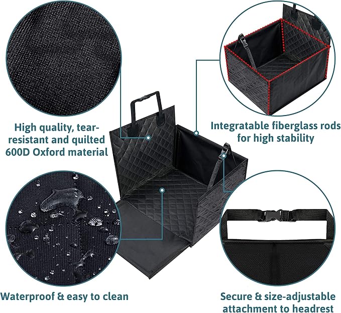 Dog & Pet Car Seat for Front Seat - 23.7'' x 20.9'' x 13.8'' - Robust Fiberglass Rods - Quilted Seat Surface and Anti-Slip Coating - Dog Car Accessories - Plus: Foldable Bowl