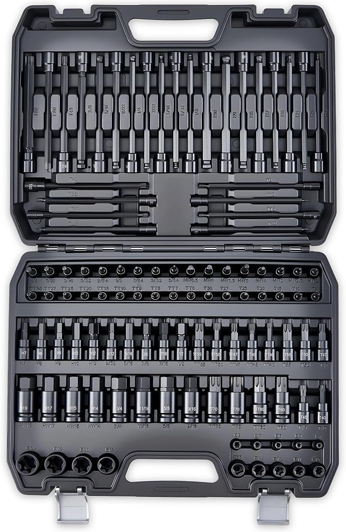 107-Piece Master Torx & Allen Bit Socket Set, 1/4" 3/8" 1/2" Drive,S2 Steel, Long Torx, Ball End Hex, Tamper-Resistant Star, E-Star Sockets, SAE & Metric (Phosphate-Black Set)