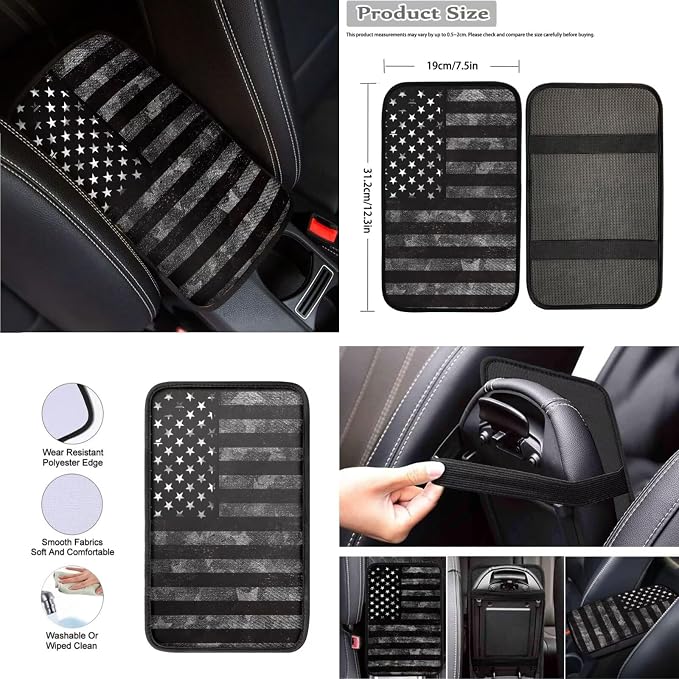 8 Pcs Gray American Flag Car Accessories Set, Car Seat Covers Full Set with Auto Steering Wheel Cover Center Console Pad Seat Belt Covers, Patriotic Decorations
