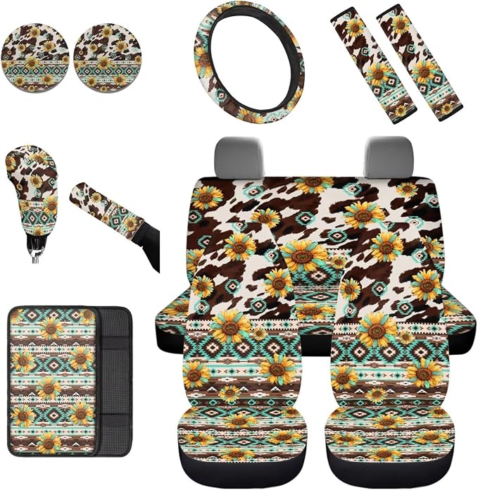 Dreaweet Sunflower Aztec Cow Seat Covers for Trucks SUV Cars Full Set with Car Steering Wheel Cover,Center Console Cover,Car Coasters,Seatbelt Covers,Gear Shift Cover,Handbrake Cover,Set of 12