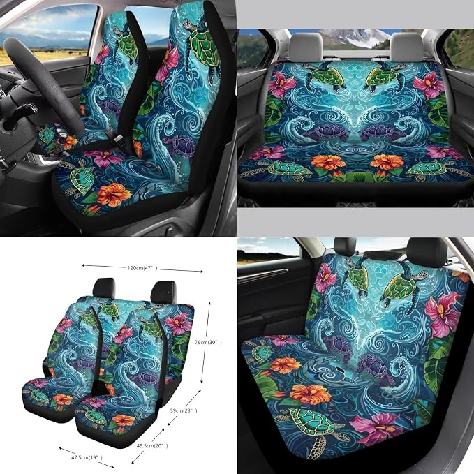 Hibiscus Turtle Printed Car Seat Cover Set 15 PCS, with Steering Wheel Cover Seat Belt Pad Garbage Bag Air Vent Pocket Rearview Mirror Cover for SUV Trucks Vans Sedans