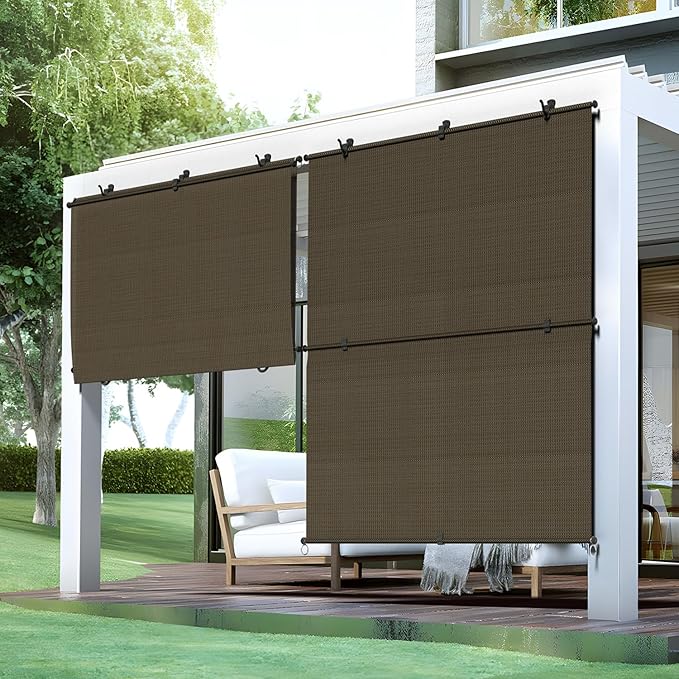 Bynbbur 6'W x 7.5'H Outdoor Patio Shades Foldable Roller Blinds, 220 GSM Sun Shade Roll Up Porch Screens Exterior Shade Cloth for Deck Pergola Backyard, Brown