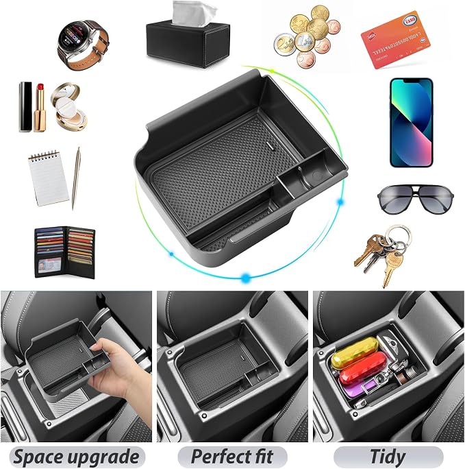 SKTU for 2025 2026 VW Golf Accessories Center Console Organizer for 2025 2026 Volkswagen Golf Console Tray 2025 2026 Golf ABS Durable Console Organizer with Coin Holder (Black)