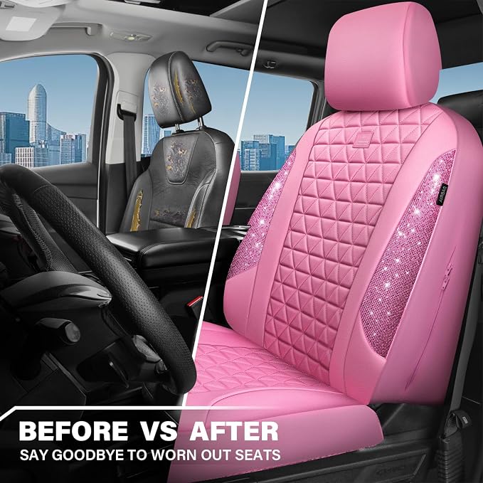 CAR PASS Bling Diamond Pink Leather Car Seat Covers for 2 Front Seats Protector, Waterproof Shining Glitter Sparkly Crystal Universal Armrest Fit Automotive Truck SUV Cute Women Girl, Pink Rhinestone
