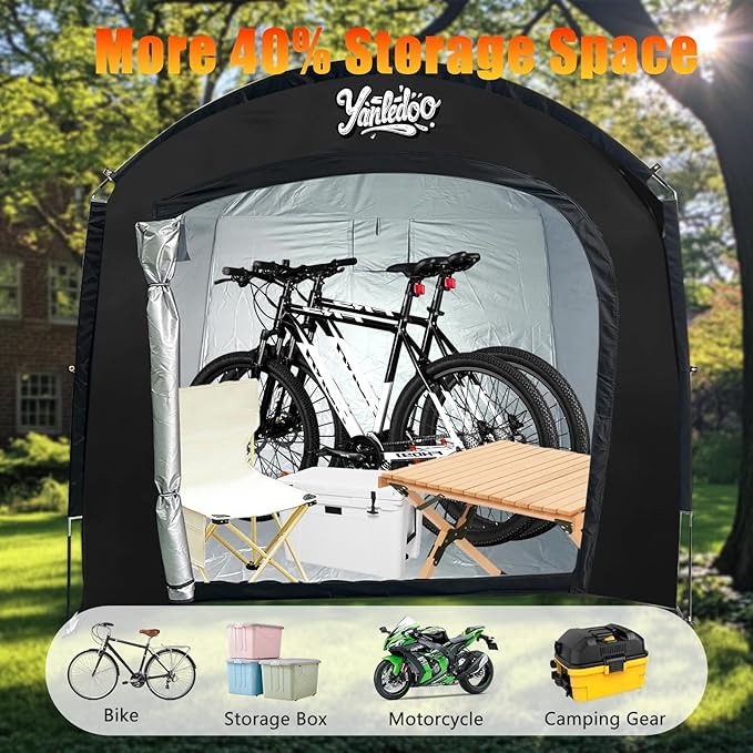 XXL Bike Storage Tent, Waterproof Portable Bicycle Shelter with 30% More Top Storage Space for 3-5 Bikes, Easy Setup Outdoor Bicycle Tent, Clips for Camping, Sports Equipment, Outdoor Storage, Black