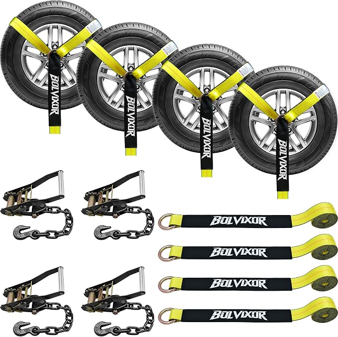 4 Pack Car Tie Down Straps for Trailers - 2" x 96" - 9900LBS Break Strength - Tire Ratchet Straps with Heavy Duty Chain Anchors for Hauling UTV, SUV, Truck, Any Cars