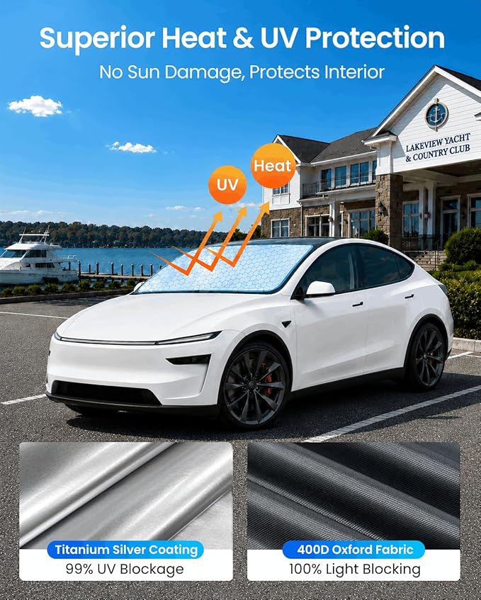 REEVAA 2026 3rd Pro Windshield Sunshade for Tesla Model Y/3 2019~2026 | Size (56 × 36 Inches) | Dual-Layer Heat & Sun Defense, OEM Design | Foldable Sun Shade Car Accessories with Storage Bag