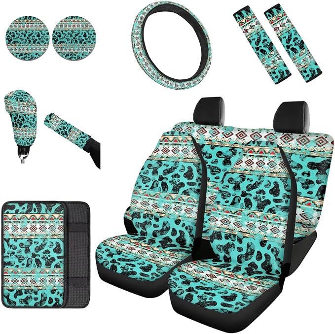 Dreaweet Turquoise Aztec Cow Print Car Seat Covers Full Set with Steering Wheel Cover/Seat Belt Pad/Armrest Covers/Cup Coasters/Handbrake Cover/Gear Shift Knob Handbrake Cover,12 Pcs Set,Universal