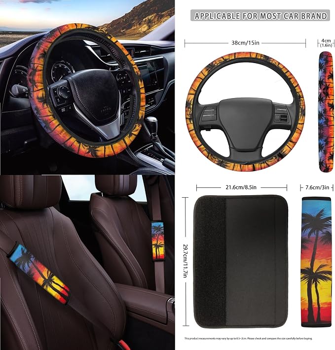 Tropical Palm Tree Print 15 Pack Car Seat Cover Set with Steering Wheel Covers Seatbelt Strap Pad Garbage Cans Rear View Mirror Cover Coasters Key Chain Universal Fit
