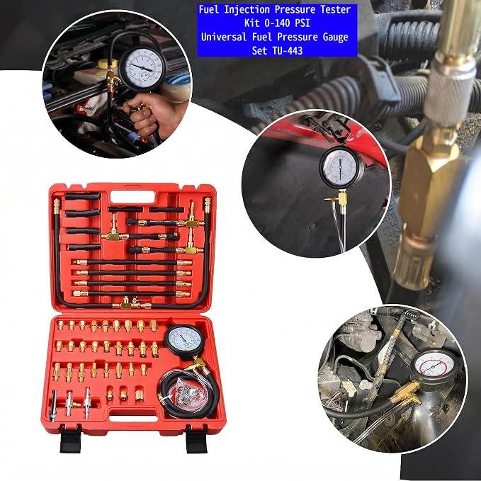 Fuel Injection Pressure Tester Kit 0-140 PSI, Pro Fuel Pressure Gauge with 3 Sizes Fuel Line Fittings (6.30mm/7.89mm/9.49mm) for Car, Truck, Motorcycle