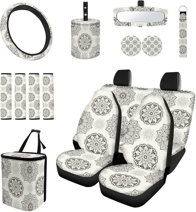 Neutral Tribal Car Seat Covers Set of 15 with Universal Steering Wheel Cover, Rearview Mirror Cover, Car Trash Can, Seatbelt Pads, Cup Holder Coasters, Keychains
