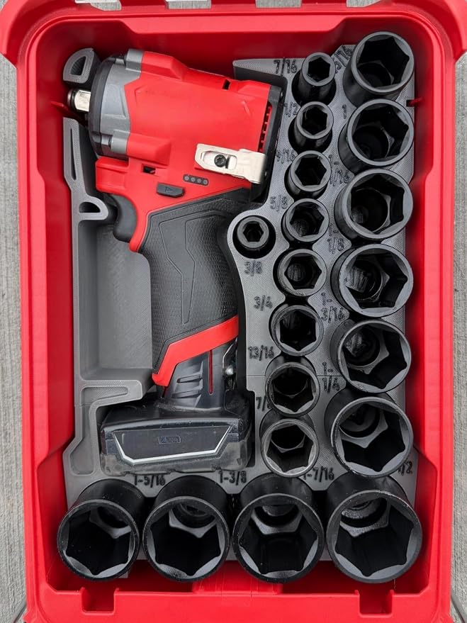 3d Printed Insert Designed for Milwaukee M12 Stubby 1/2" Impact (2563-20) and Packout Organizer (Insert Only) (Gray, SAE)