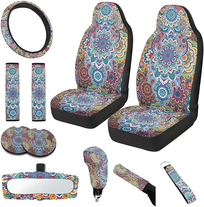 Art Mandala Car Seat Covers Set of 11 Car Front Seat Cover Steering Wheel Cover Rear View Mirror Cover Cup Coasters Wristlet Keychain for Most Cars, SUVs