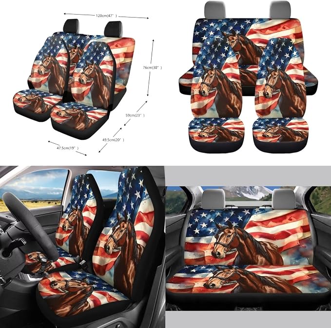 Horse American Flag Pattern Car Seat Covers Full Set, Car Interior Decor Set of 10 Steering Wheel Cover Cup Coasters Car Trash Can Air Vent Pounch Bag Keychain Universal Fit for SUV Truck Van