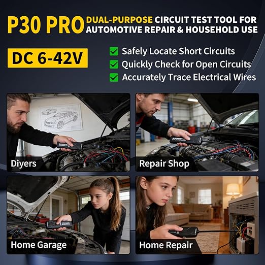 P30 Pro Circuit Tracer with Dual LED Lights, Automotive Electrical Open & Short Finder, Fault Probe Cable Tester, Diagnostic Tool for Vehicle Wiring Repair, Cable Toner, DC 6-42V(With Battery)