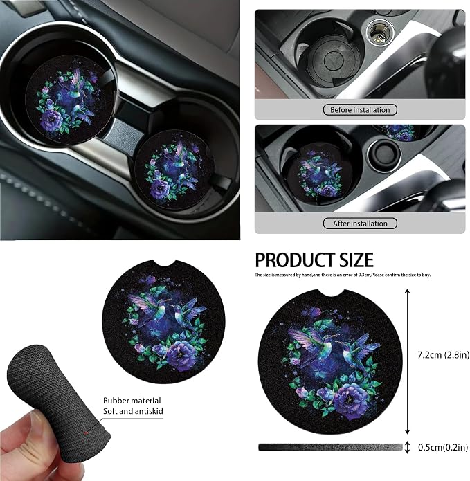 Hummingbird Floral Print Car Seat Cover Set of 15 Steering Wheel Cover Seatbelt Strap Pad Trash Cans Rearview Mirror Covers Air Vent Storage Holder Coasters Keychain Universal Fit