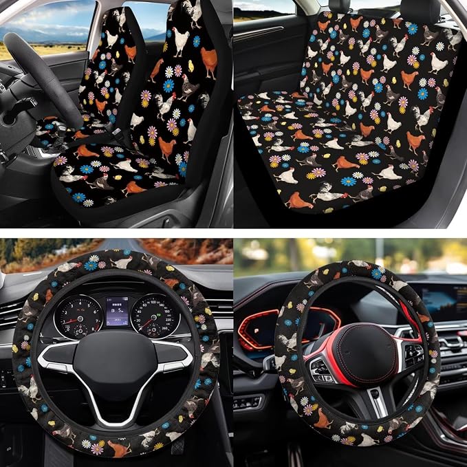 Thanksgiving Chicken Car Seat Covers Sets 12 Pieces Center Console Cover Car Steering Wheel Cover Seat Belt Pads Car Interior Accessories Universal Fit for Cars SUV
