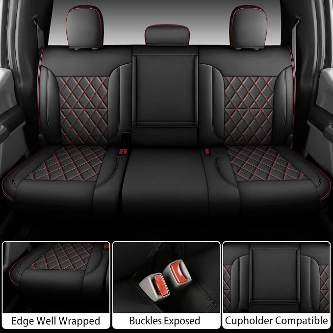 Custom Napa Leather Seat Covers for Chevy Silverado & GMC Sierra Crew Cab, 46-Split Flat Rear Bench Design, Compatible with 2019-2026 1500 and 2020-2026 2500HD 3500HD(Full Set, Black&Red)