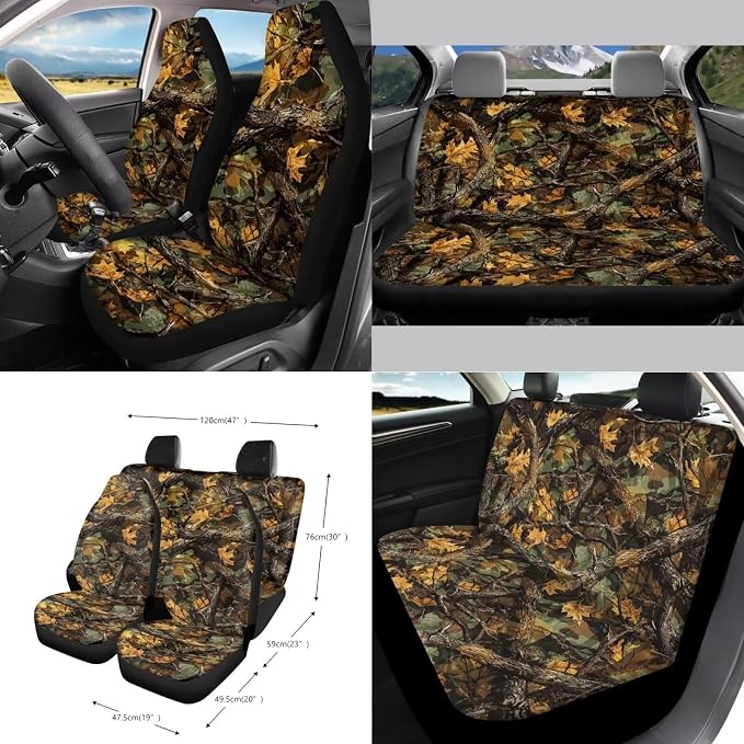 Green Leaf Camo Pattern Car Seat Covers Full Set Steering Wheel Cover Trash Can Air Vent Storage Bag Seatbelt Covers Rearview Mirror Cover Cup Coasters 15pcs Car Interior