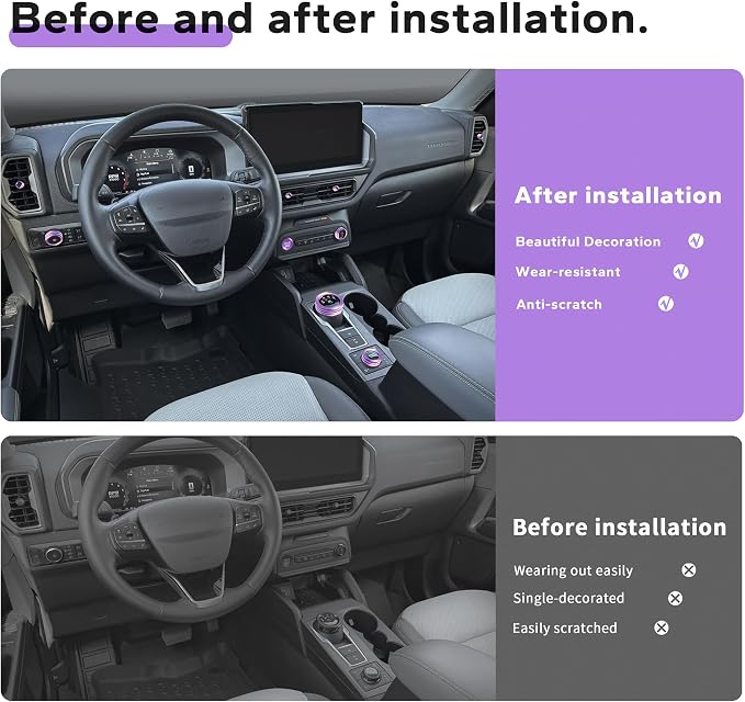 for 2025-2026 Ford Bronco Sport Accessories (Not for Bronco) 9PCS Aluminum Alloy Knob Cover Trim Set for Push Start, Volume, Air Vent Tabs, Headlight & Gear Shift Knob (Purple)