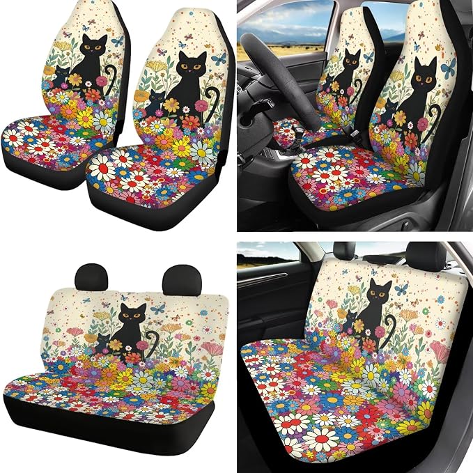 Cat Daisy Print 18Pcs Car Seat Cover Full Set Includes Auto Seat Covers Headrest Covers Steering Wheel Cover Safety Belt Pad Center Console Pad, Car Interior Accessories Set