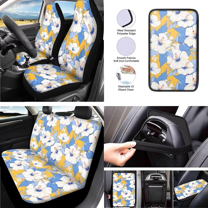 Hawaii Hibiscus Flower 13 PCS Car Seat Covers, Island Style Flowers Auto Accessories Steering Wheel Cover, Tropical Botanical Vehicle Front Rear Seat Covers Keyring